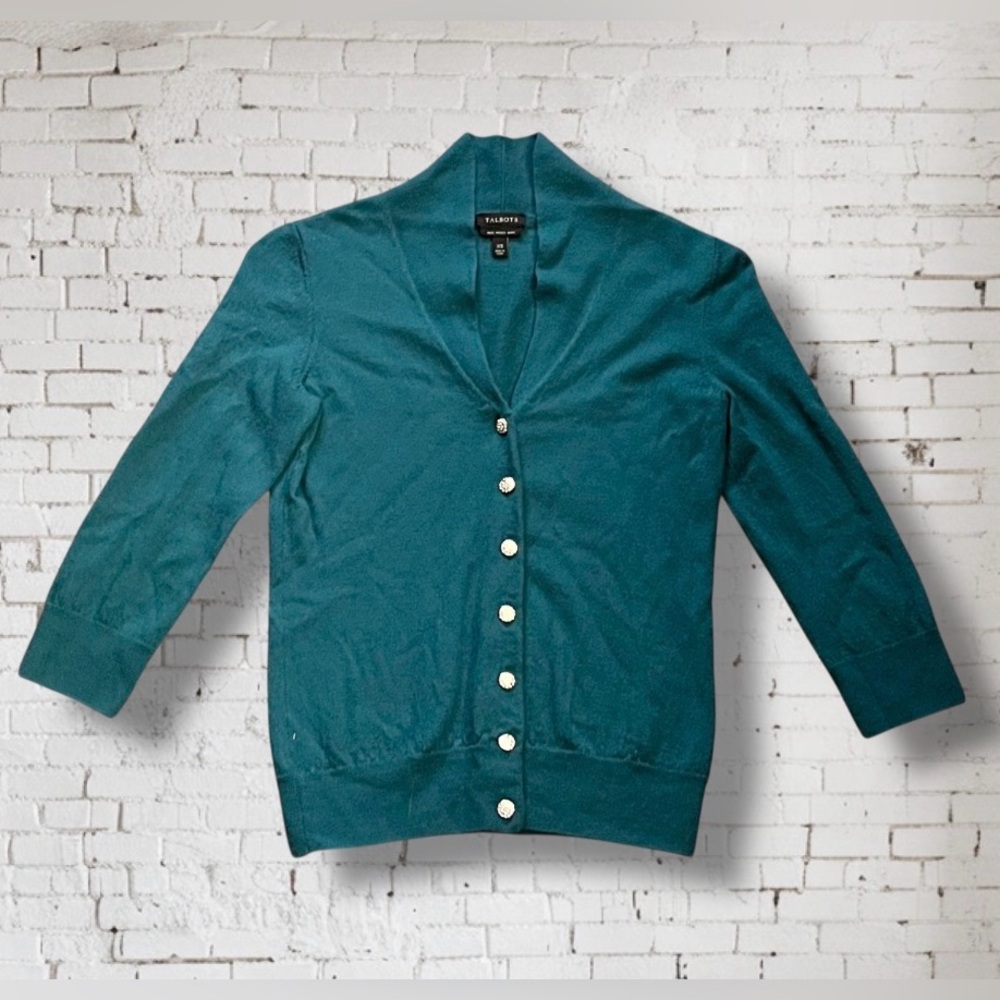 Talbots Teal Pure Merino Wool Rhinestone Buttons Women’s Knit Cardigan Sweater